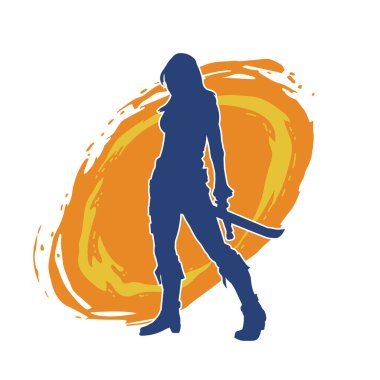 Bir kadın dövüşçünün silueti kılıç taşırken poz veriyor..