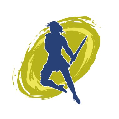 Bir kadın dövüşçünün silueti kılıç taşırken poz veriyor..