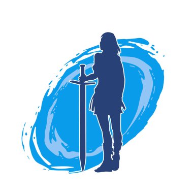 Bir kadın dövüşçünün silueti kılıç taşırken poz veriyor..