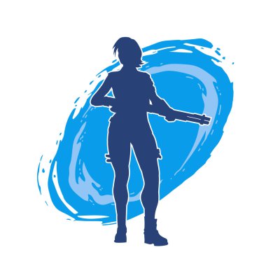 Uzun namlulu tüfek taşıyan bir kadın savaşçının silüeti. Silah taşıyan bir kadın dövüşçünün silueti.