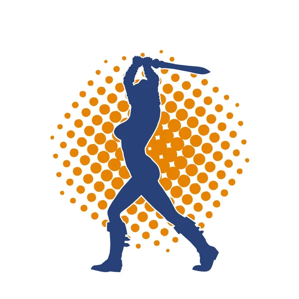 Bir kadın dövüşçünün silueti kılıç taşırken poz veriyor..