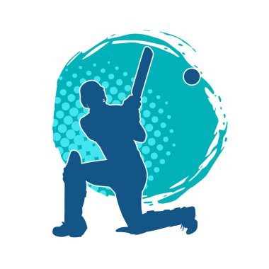 Hareketli bir erkek kriket oyuncusunun silueti. Kriket oynayan bir adamın silueti..