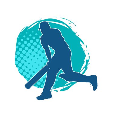 Hareketli bir erkek kriket oyuncusunun silueti. Kriket oynayan bir adamın silueti..