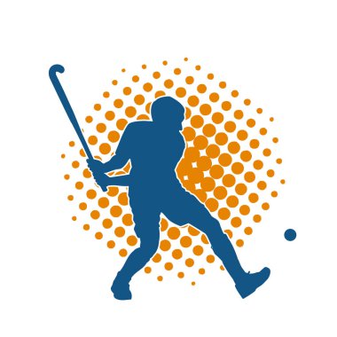 Erkek çim hokeyi atletinin silueti iş başında. Çim hokeyi oynayan bir adamın silueti..