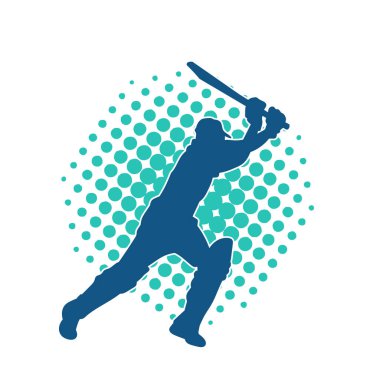 Hareketli bir erkek kriket oyuncusunun silueti. Kriket oynayan bir adamın silueti..