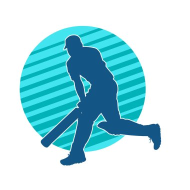 Hareketli bir erkek kriket oyuncusunun silueti. Kriket oynayan bir adamın silueti..