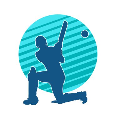 Hareketli bir erkek kriket oyuncusunun silueti. Kriket oynayan bir adamın silueti..