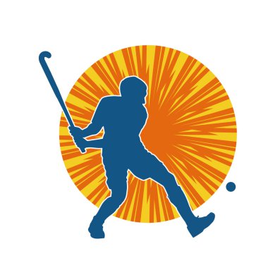 Erkek çim hokeyi atletinin silueti iş başında. Çim hokeyi oynayan bir adamın silueti..