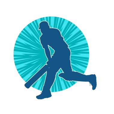 Hareketli bir erkek kriket oyuncusunun silueti. Kriket oynayan bir adamın silueti..