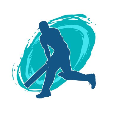 Hareketli bir erkek kriket oyuncusunun silueti. Kriket oynayan bir adamın silueti..