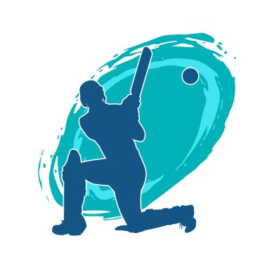 Hareketli bir erkek kriket oyuncusunun silueti. Kriket oynayan bir adamın silueti..