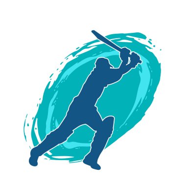 Hareketli bir erkek kriket oyuncusunun silueti. Kriket oynayan bir adamın silueti..