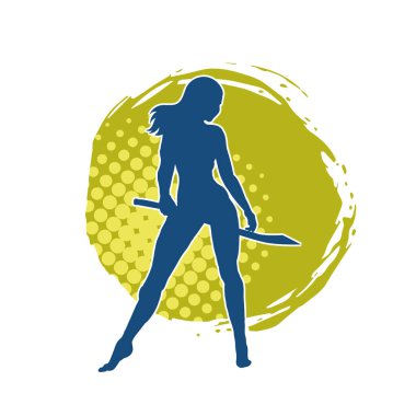 Kadın savaşçıların silueti kılıç taşıyor. Kılıçlı bir kadın dövüşçünün silueti..