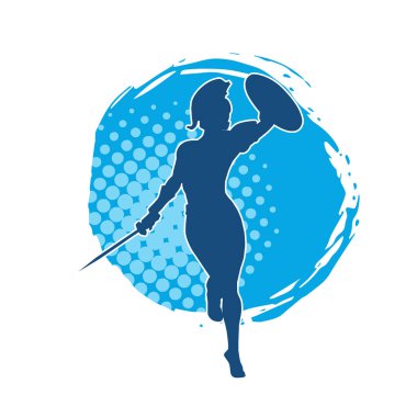 Savaş zırhlı bir kadın savaşçının silueti. Kılıç ve demir kalkan taşıyor..