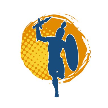 Savaş zırhlı bir erkek savaşçının silueti. Kılıç ve demir kalkan taşıyor..