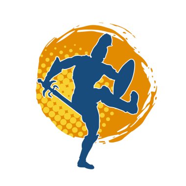 Savaş zırhlı bir erkek savaşçının silueti. Kılıç ve demir kalkan taşıyor..