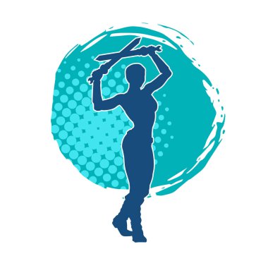 Kadın savaşçıların silueti kılıç taşıyor. Kılıçlı bir kadın dövüşçünün silueti..