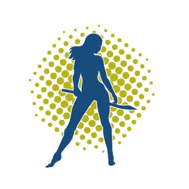 Kadın savaşçıların silueti kılıç taşıyor. Kılıçlı bir kadın dövüşçünün silueti..