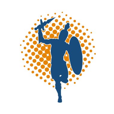 Savaş zırhlı bir erkek savaşçının silueti. Kılıç ve demir kalkan taşıyor..