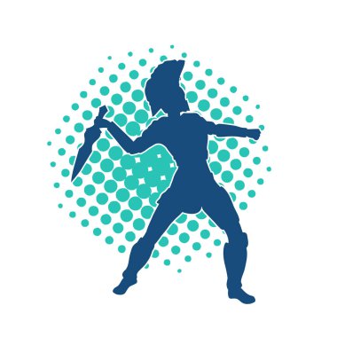 Zırhlı bir kadın savaşçının silueti kılıçla poz veriyor.