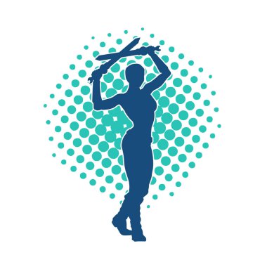 Kadın savaşçıların silueti kılıç taşıyor. Kılıçlı bir kadın dövüşçünün silueti..