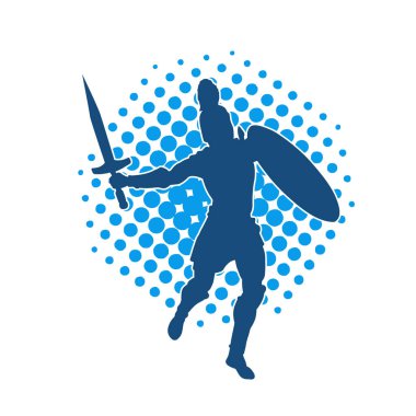 Savaş zırhlı bir erkek savaşçının silueti. Kılıç ve demir kalkan taşıyor..