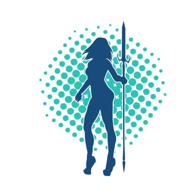 Kadın bir savaşçının silueti mızrakla poz veriyor. Mızrak taşıyan bir kadın dövüşçünün silueti..