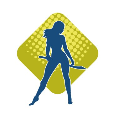 Kadın savaşçıların silueti kılıç taşıyor. Kılıçlı bir kadın dövüşçünün silueti..