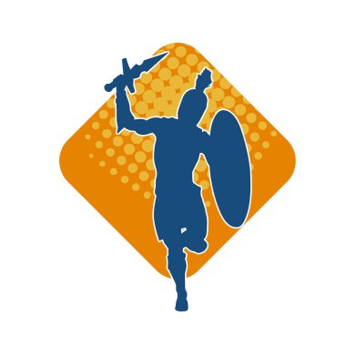 Savaş zırhlı bir erkek savaşçının silueti. Kılıç ve demir kalkan taşıyor..