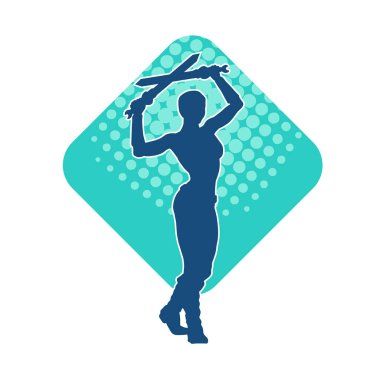 Kadın savaşçıların silueti kılıç taşıyor. Kılıçlı bir kadın dövüşçünün silueti..