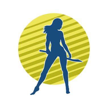 Kadın savaşçıların silueti kılıç taşıyor. Kılıçlı bir kadın dövüşçünün silueti..