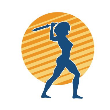 Kadın savaşçıların silueti kılıç taşıyor. Kılıçlı bir kadın dövüşçünün silueti..