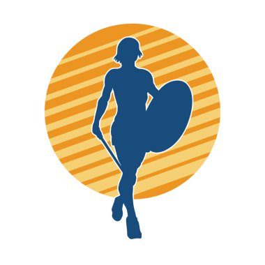 Savaş zırhlı bir kadın savaşçının silueti. Kılıç ve demir kalkan taşıyor..