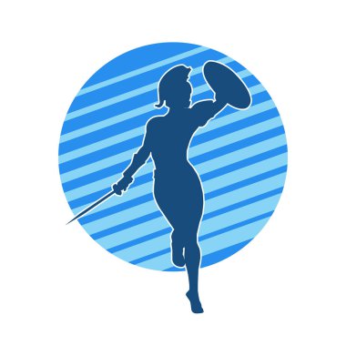 Savaş zırhlı bir kadın savaşçının silueti. Kılıç ve demir kalkan taşıyor..