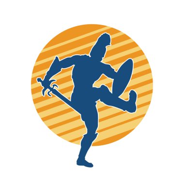 Savaş zırhlı bir erkek savaşçının silueti. Kılıç ve demir kalkan taşıyor..