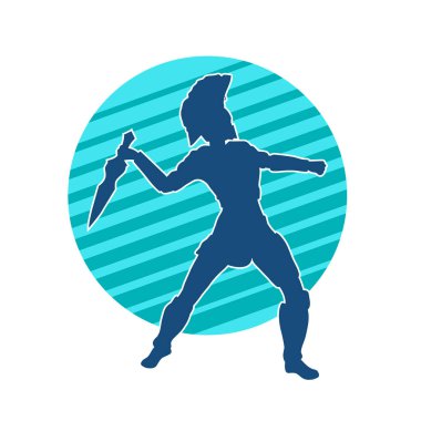 Zırhlı bir kadın savaşçının silueti kılıçla poz veriyor.