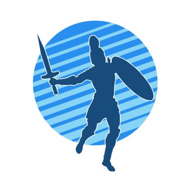 Savaş zırhlı bir erkek savaşçının silueti. Kılıç ve demir kalkan taşıyor..