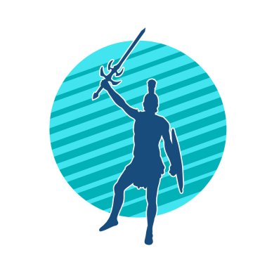 Savaş zırhlı bir erkek savaşçının silueti. Kılıç ve demir kalkan taşıyor..