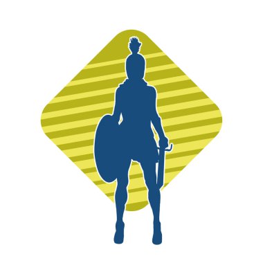 Savaş zırhlı bir kadın savaşçının silueti. Kılıç ve demir kalkan taşıyor..