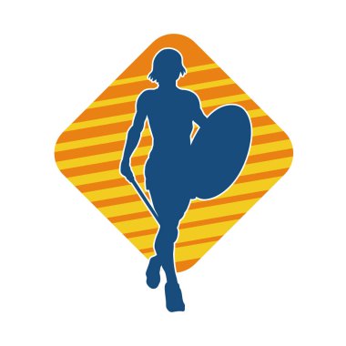 Savaş zırhlı bir kadın savaşçının silueti. Kılıç ve demir kalkan taşıyor..