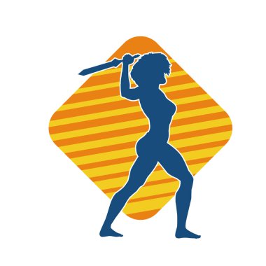 Kadın savaşçıların silueti kılıç taşıyor. Kılıçlı bir kadın dövüşçünün silueti..