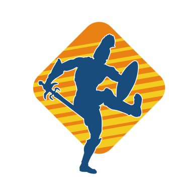 Savaş zırhlı bir erkek savaşçının silueti. Kılıç ve demir kalkan taşıyor..