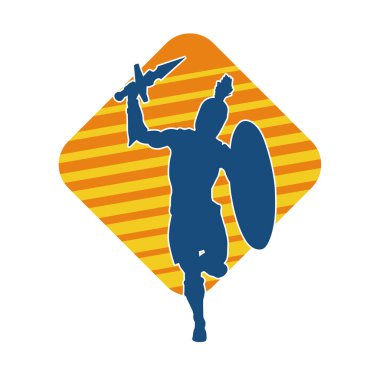 Savaş zırhlı bir erkek savaşçının silueti. Kılıç ve demir kalkan taşıyor..