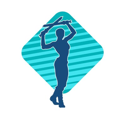 Kadın savaşçıların silueti kılıç taşıyor. Kılıçlı bir kadın dövüşçünün silueti..