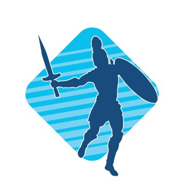 Savaş zırhlı bir erkek savaşçının silueti. Kılıç ve demir kalkan taşıyor..