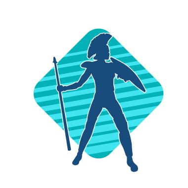 Zırhlı bir kadın savaşçının silueti mızrak ve demir kalkan taşıyor.