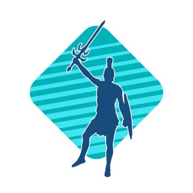 Savaş zırhlı bir erkek savaşçının silueti. Kılıç ve demir kalkan taşıyor..