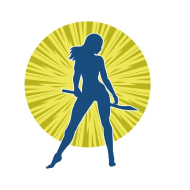 Kadın savaşçıların silueti kılıç taşıyor. Kılıçlı bir kadın dövüşçünün silueti..