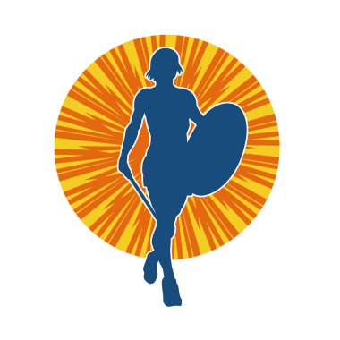 Savaş zırhlı bir kadın savaşçının silueti. Kılıç ve demir kalkan taşıyor..