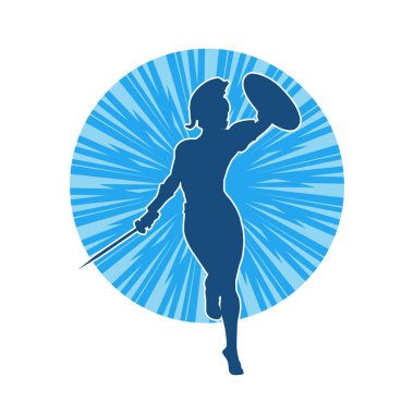 Savaş zırhlı bir kadın savaşçının silueti. Kılıç ve demir kalkan taşıyor..